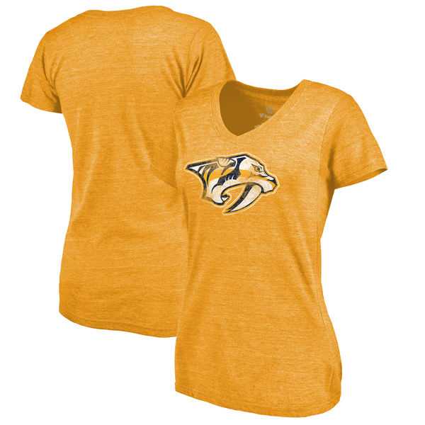 Women's Nashville Predators Distressed Team Primary Logo V Neck Tri Blend T-Shirt Gold FengYun,We sell and wholesale Women's Nashville Predators Distressed Team Primary Logo V Neck Tri Blend T-Shirt Gold FengYun on line form chian!